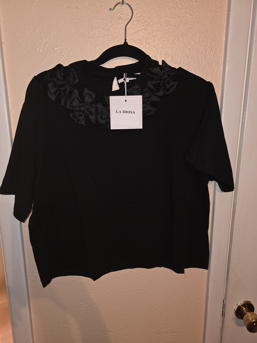 La Diosa Black Crop Top with 3D Satin Rosette Collar – NWT